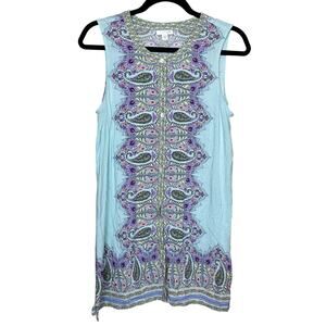 J. Jill Blue Floral Paisley Boho Print Button Front Sleeveless Tunic Size Medium